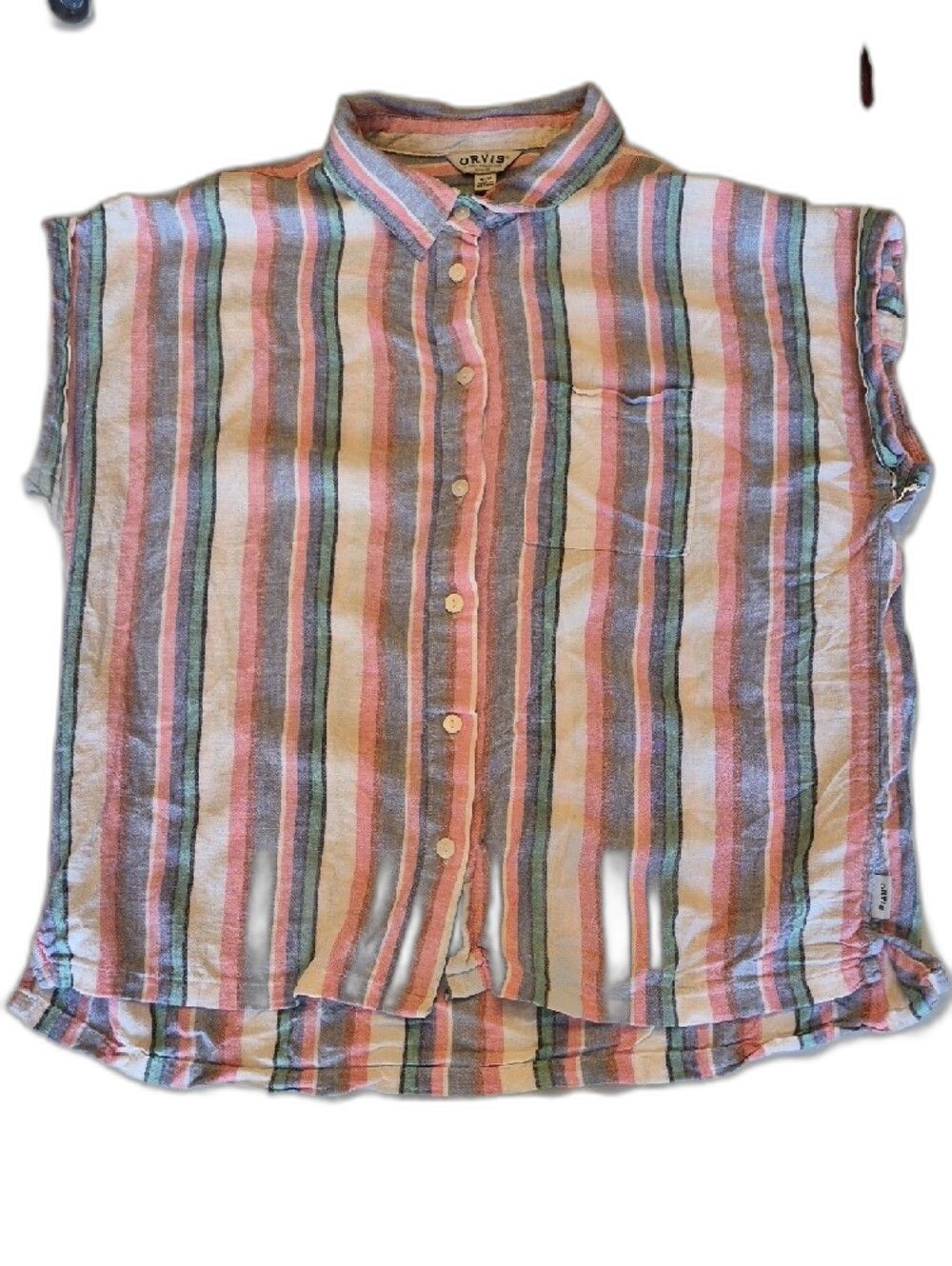 Orvis Pastel Striped Seersucker Linen Blend Button Front Shirt Size M